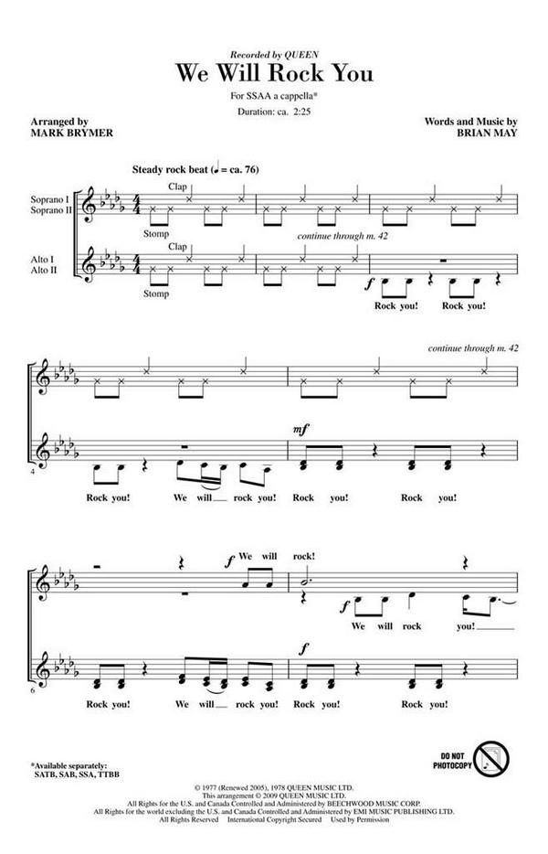 Brian May, We Will Rock You&nbsp;&nbsp;SSAA&nbsp;&nbsp;Chorpartitur