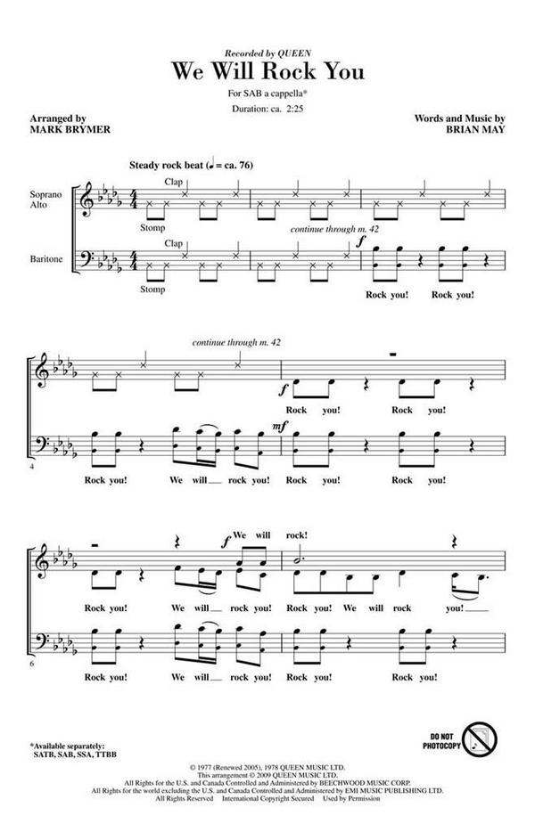 We Will Rock You  for mixed choir (SAB) a cappella  choral score