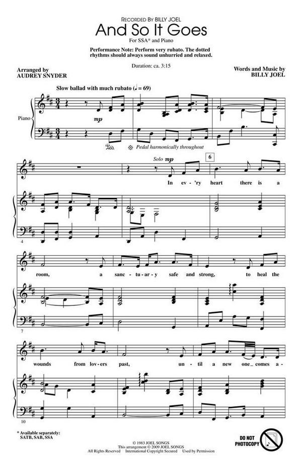 And So It Goes&nbsp;&nbsp;SSA and Piano&nbsp;&nbsp;Chorpartitur