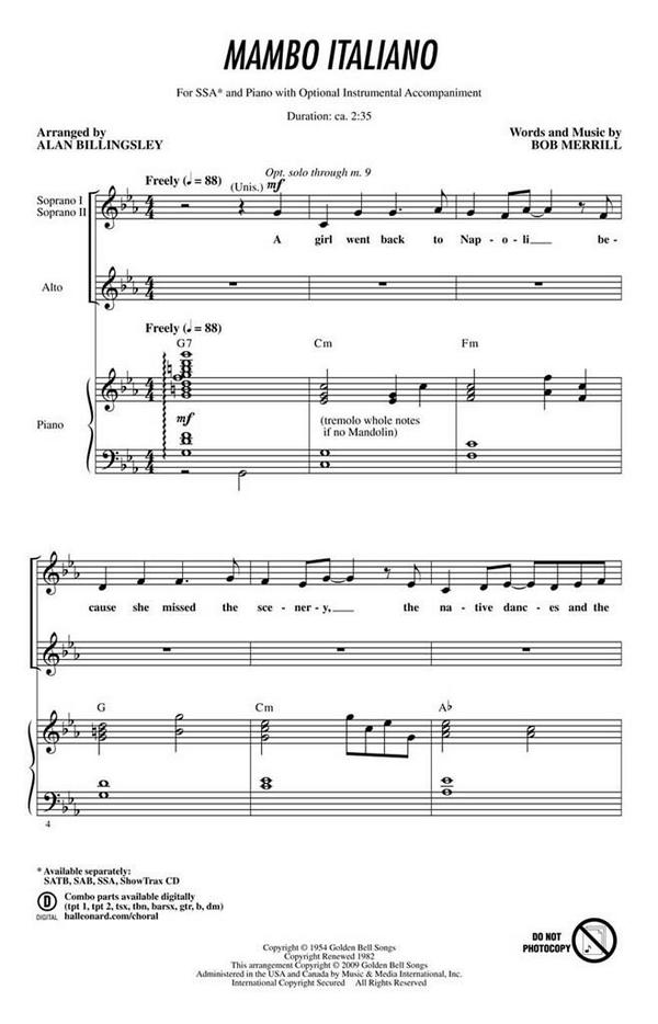 Bob Merrill, Mambo Italiano&nbsp;&nbsp;SSA&nbsp;&nbsp;Chorpartitur