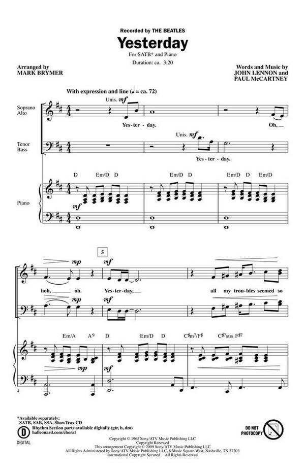 Yesterday&nbsp;&nbsp;for mixed choir and piano&nbsp;&nbsp;score
