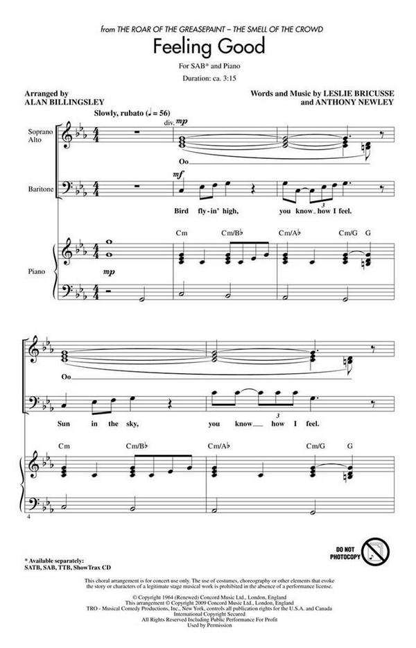 Feeling Good  for mixed choir (SAB) and piano  choral score