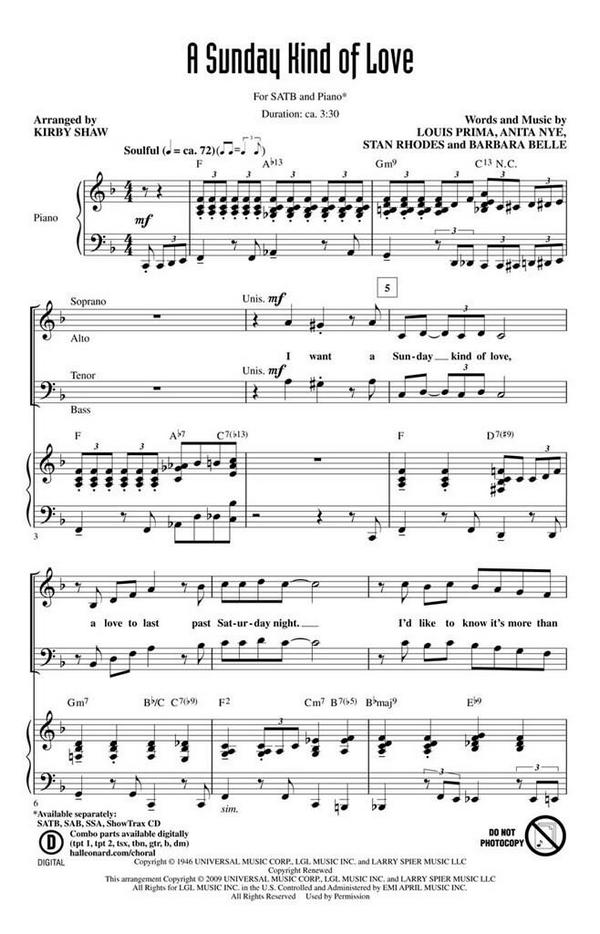 Anita Leonard_Barbara Belle_Louis Prima_Stan Rhodes, A Sunday Kind of&nbsp;&nbsp;SATB&nbsp;&nbsp;Chorpartitur