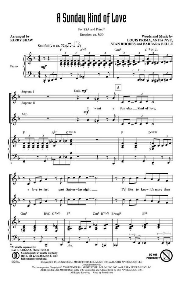 Anita Leonard_Barbara Belle_Louis Prima_Stan Rhodes, A Sunday Kind of &nbsp;&nbsp;SSA&nbsp;&nbsp;Chorpartitur