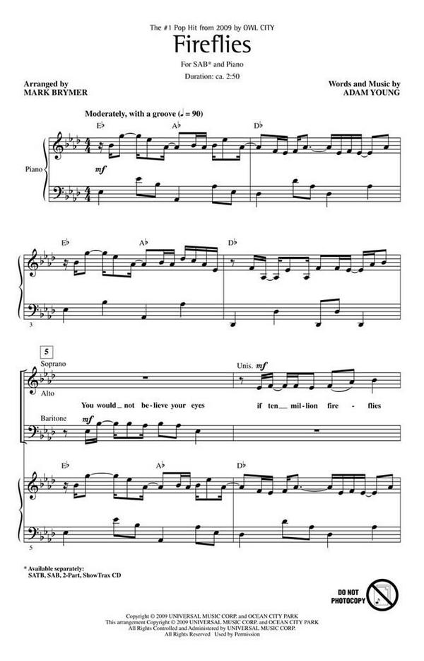 Adam Young, Fireflies&nbsp;&nbsp;SAB and Piano&nbsp;&nbsp;Chorpartitur