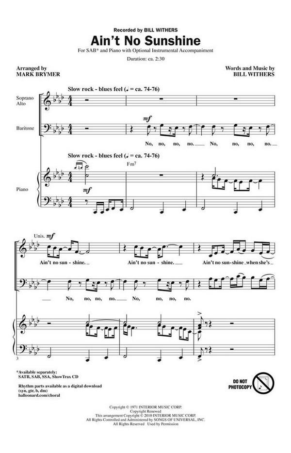 Bill Withers, Ain't No Sunshine&nbsp;&nbsp;SAB&nbsp;&nbsp;Chorpartitur