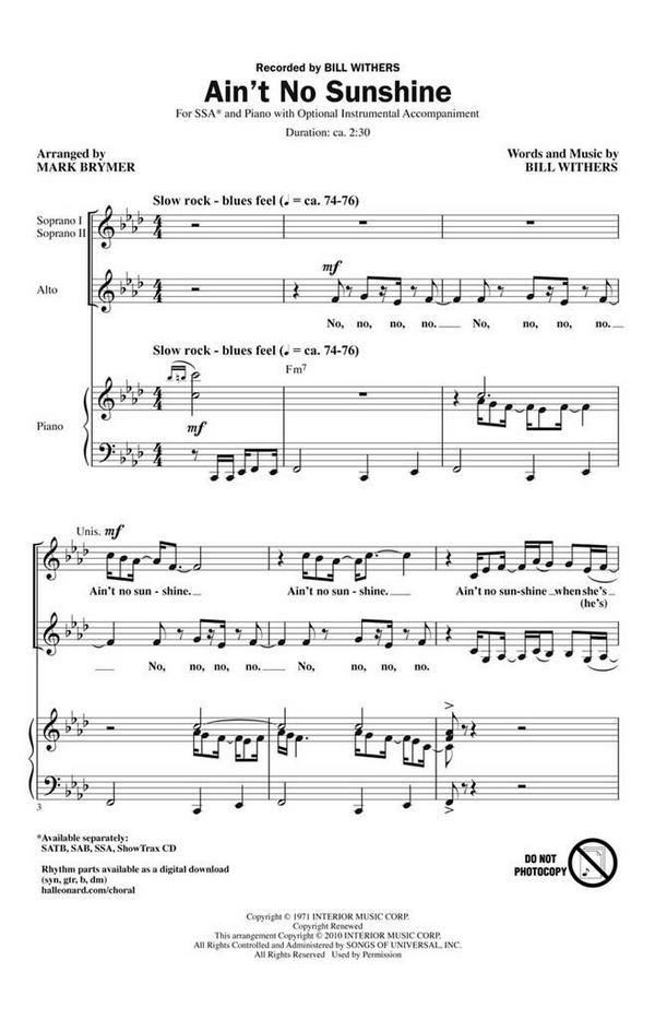 Bill Withers, Ain't No Sunshine&nbsp;&nbsp;SSA&nbsp;&nbsp;Chorpartitur