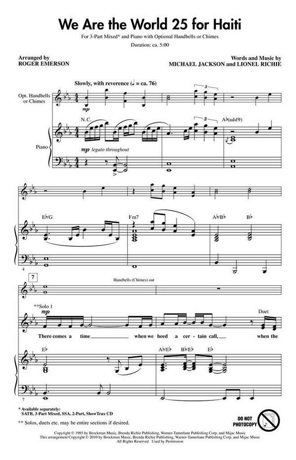 We are the World (25 for Haiti)&nbsp;&nbsp;for mixed choir (SAB) and piano&nbsp;&nbsp;choral score