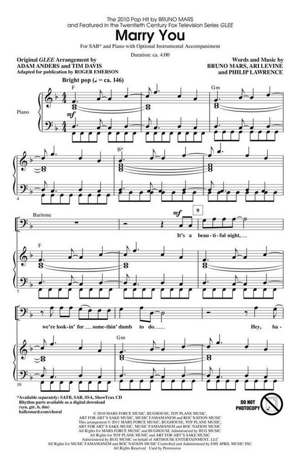 Ari Levine_Bruno Mars_Philip Lawrence, Marry You&nbsp;&nbsp;SAB&nbsp;&nbsp;Chorpartitur