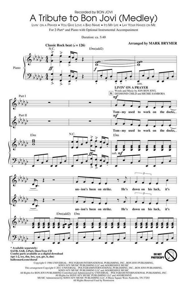 A Tribute to Bon Jovi (Medley)&nbsp;&nbsp;SA and Piano&nbsp;&nbsp;Chorpartitur