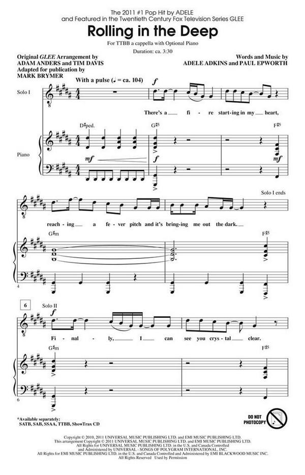 Rolling In The Deep &nbsp;&nbsp;for male choir and piano&nbsp;&nbsp;score