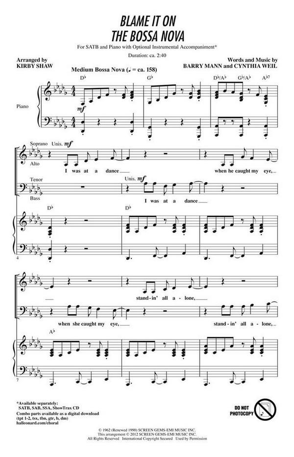 Barry Mann_Cynthia Weil, Blame It on the Bossa Nova&nbsp;&nbsp;SATB&nbsp;&nbsp;Chorpartitur