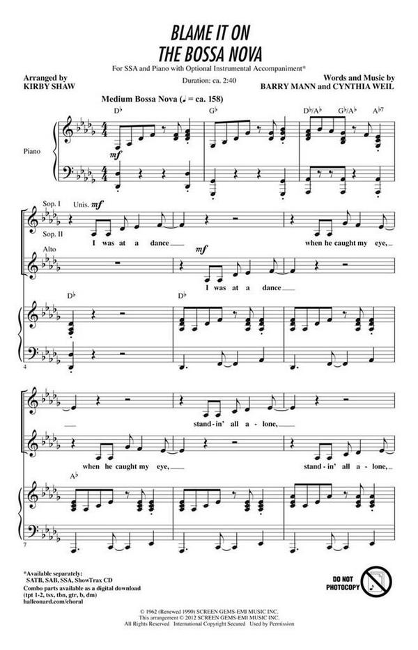 Barry Mann_Cynthia Weil, Blame It on the Bossa Nova&nbsp;&nbsp;SSA&nbsp;&nbsp;Chorpartitur