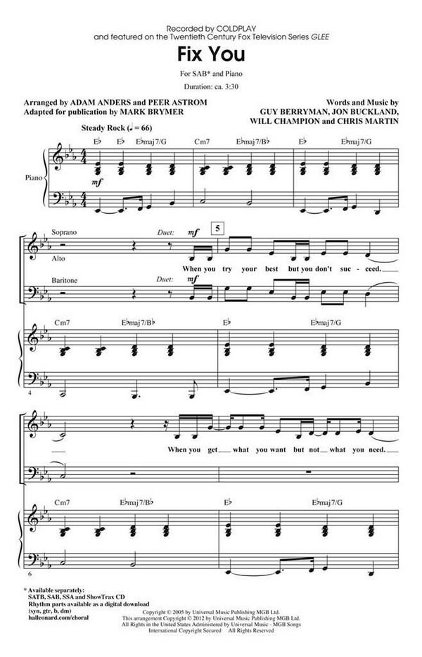 Chris Martin_Guy Berryman_Jon Buckland_Will Champion, Fix You&nbsp;&nbsp;SAB&nbsp;&nbsp;Chorpartitur