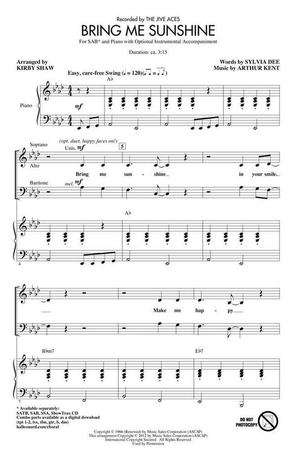 Bring Me Sunshine&nbsp;&nbsp;for mixed choir (SAB) and piano&nbsp;&nbsp;choral score