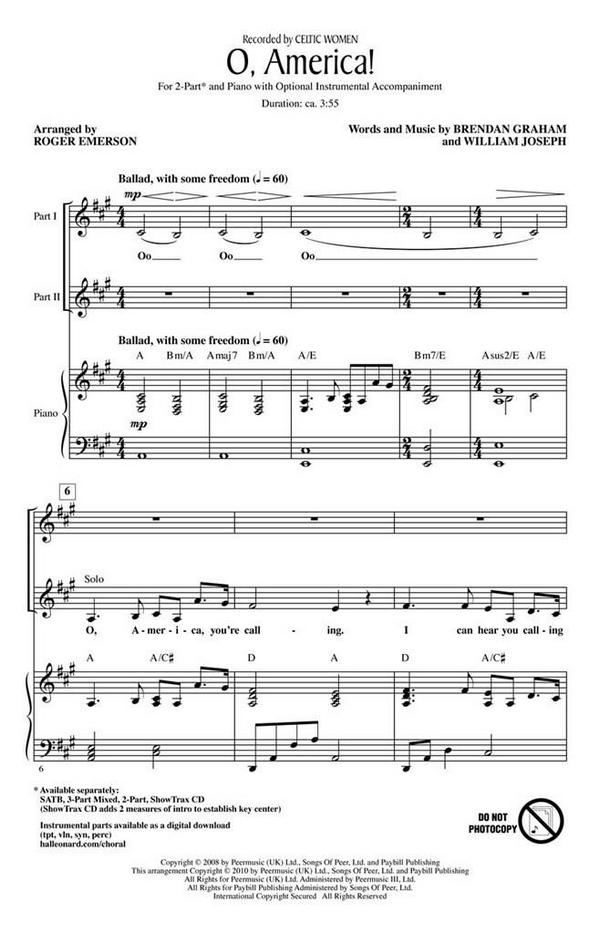 Brendan Graham, O, America!&nbsp;&nbsp;2-Part Choir&nbsp;&nbsp;Chorpartitur