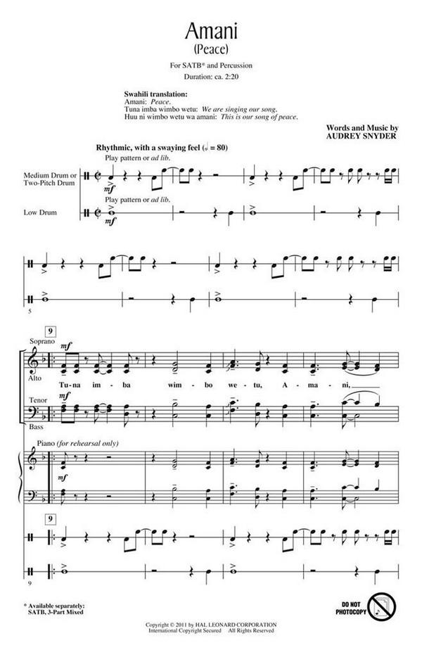 Audrey Snyder, Amani (Peace)&nbsp;&nbsp;SATB and Piano&nbsp;&nbsp;Chorpartitur