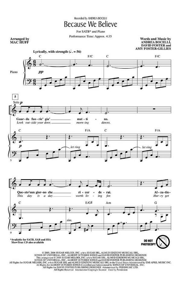 Amy Foster-Gillies_Andrea Bocelli_David Foster, Because We Believe&nbsp;&nbsp;SATB&nbsp;&nbsp;Chorpartitur
