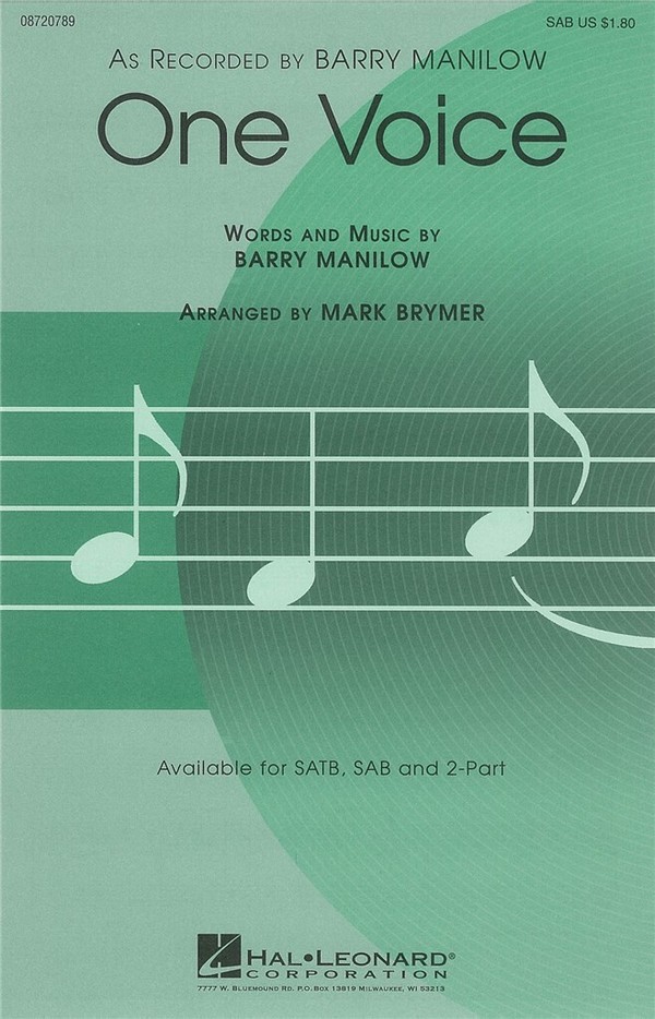 Barry Manilow, One Voice&nbsp;&nbsp;SAB and Piano&nbsp;&nbsp;Chorpartitur
