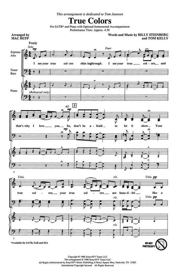 Billy Steinberg_Tom Kelly, True Colors&nbsp;&nbsp;SATB&nbsp;&nbsp;Chorpartitur