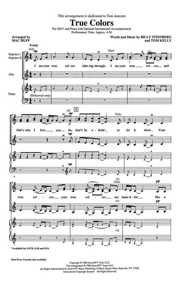 Billy Steinberg_Tom Kelly, True Colors&nbsp;&nbsp;SSA and Piano&nbsp;&nbsp;Chorpartitur