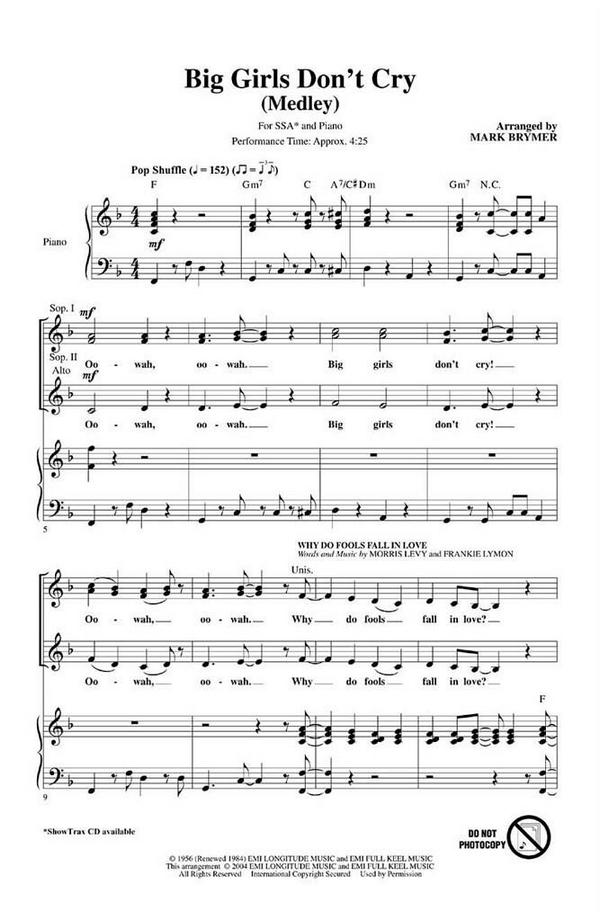 Big Girls Don't Cry Medley&nbsp;&nbsp;SSA&nbsp;&nbsp;Chorpartitur
