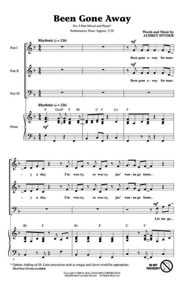 Audrey Snyder, Been Gone Away&nbsp;&nbsp;3-Part Choir&nbsp;&nbsp;Chorpartitur