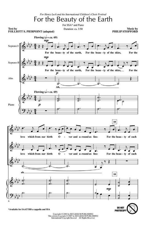 For the Beauty of the Earth&nbsp;&nbsp;for female chorus (SSA) and Piano&nbsp;&nbsp;score (en)