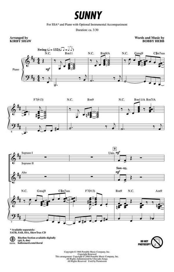 Bobby Hebb, Sunny&nbsp;&nbsp;SSA and Piano&nbsp;&nbsp;Chorpartitur