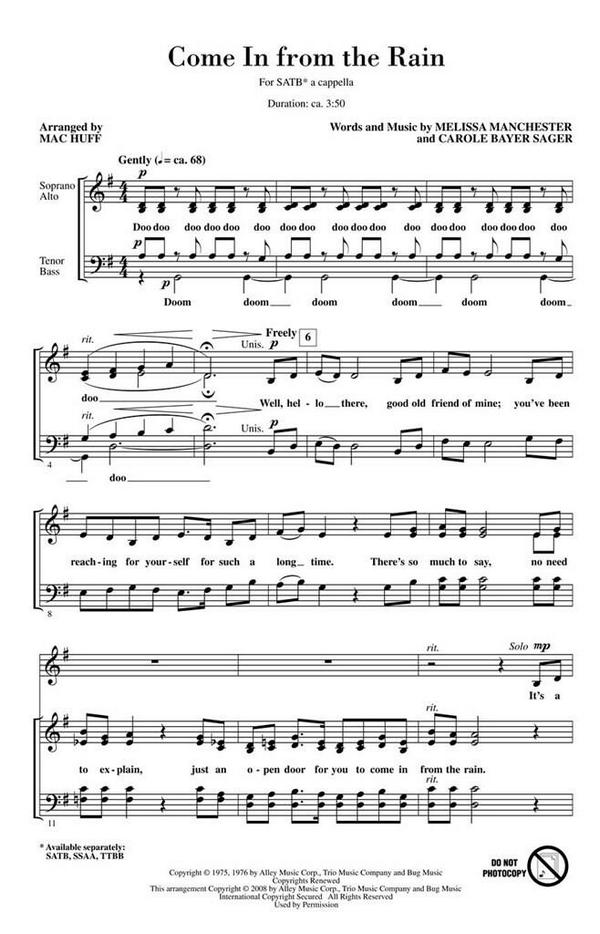 Carole Bayer Sager_Melissa Manchester, Come in from the Rain&nbsp;&nbsp;SATB&nbsp;&nbsp;Chorpartitur