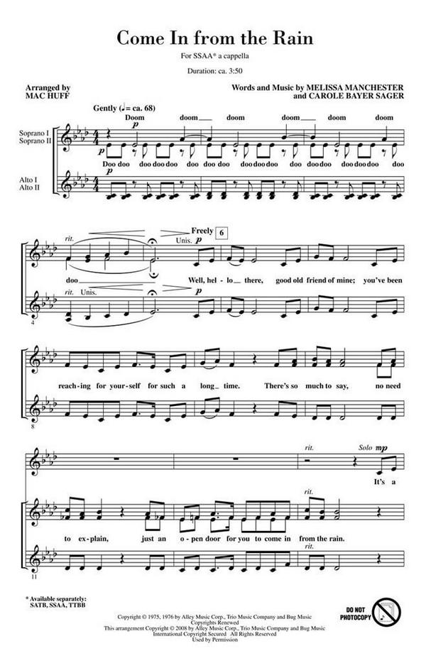 Carole Bayer Sager_Melissa Manchester, Come in from the Rain&nbsp;&nbsp;SSAA&nbsp;&nbsp;Chorpartitur