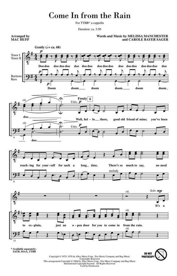 Carole Bayer Sager_Melissa Manchester, Come in from the Rain&nbsp;&nbsp;TTBB a Cappella&nbsp;&nbsp;Chorpartitur