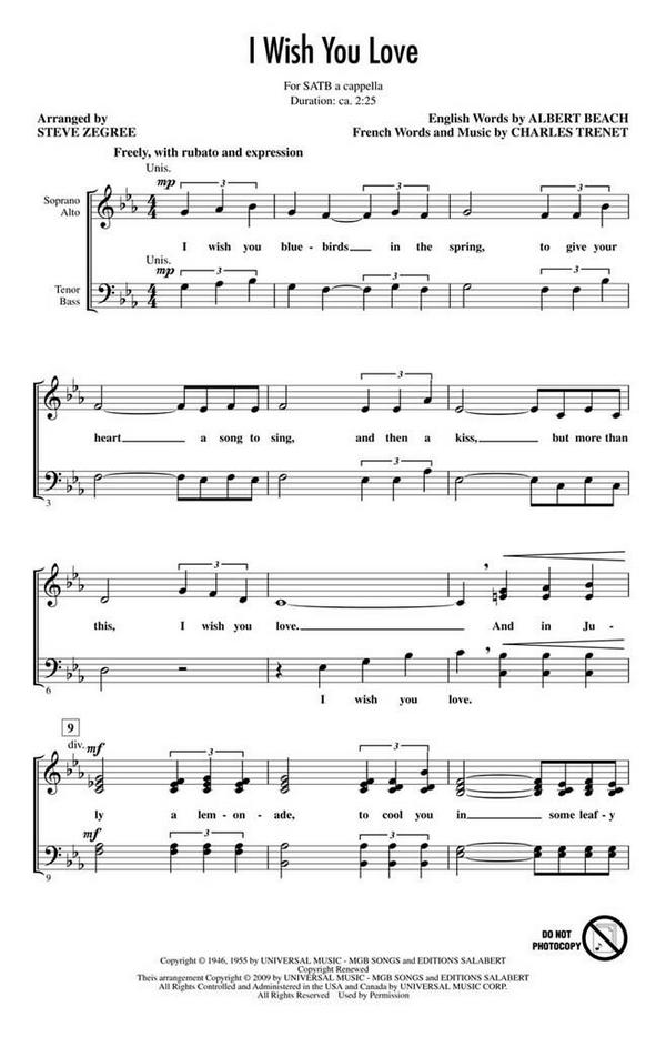 Charles Trenet, I Wish You Love&nbsp;&nbsp;SATB&nbsp;&nbsp;Chorpartitur