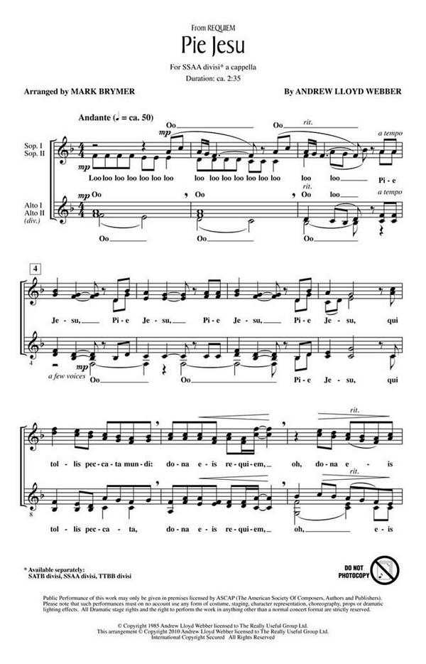 Andrew Lloyd Webber, Pie Jesu&nbsp;&nbsp;SSAA a Cappella&nbsp;&nbsp;Chorpartitur