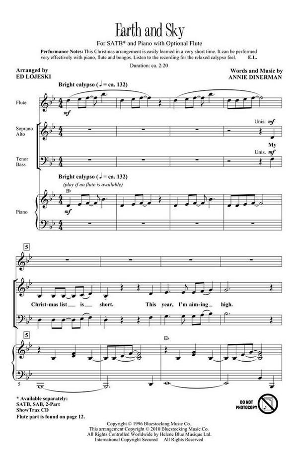 Annie Dinerman, Earth And Sky&nbsp;&nbsp;Vocal&nbsp;&nbsp;Chorpartitur
