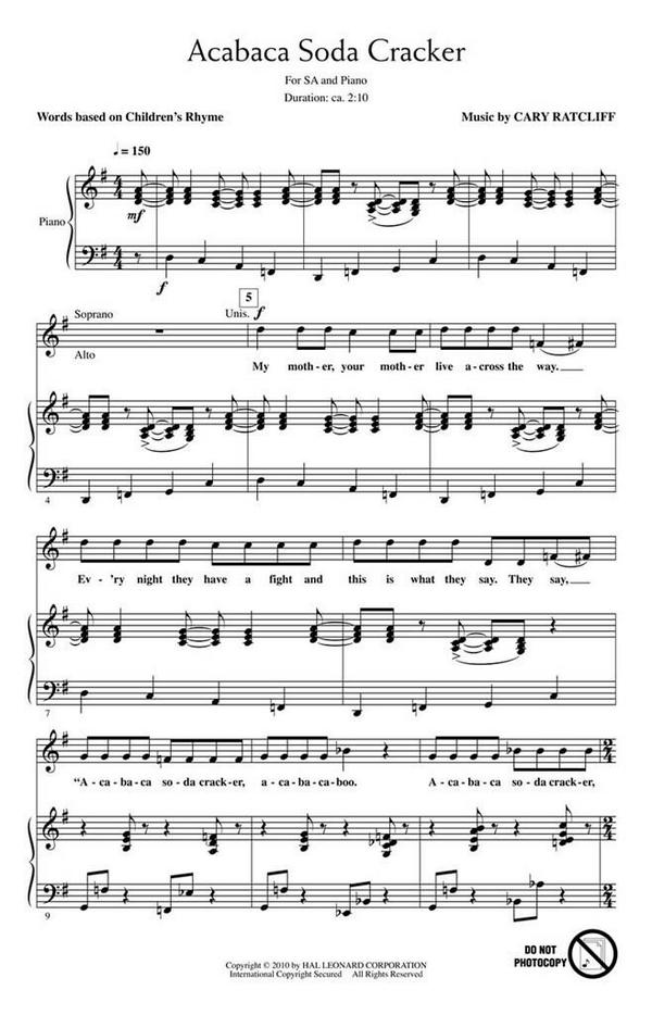 Cary Ratcliff, Acabaca Soda Cracker&nbsp;&nbsp;SA&nbsp;&nbsp;Chorpartitur