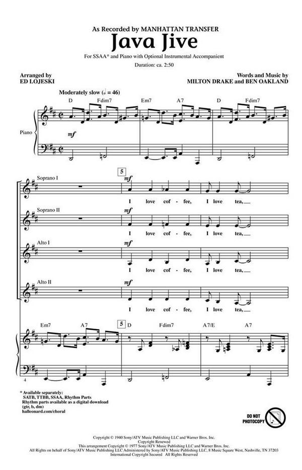 Ben Oakland_Milton Drake, Java Jive&nbsp;&nbsp;SSAA&nbsp;&nbsp;Chorpartitur