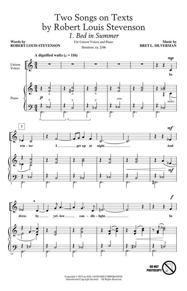 Bret L. Silverman, Two Songs on Texts by Robert Louis Stevenson&nbsp;&nbsp;Unison&nbsp;&nbsp;Chorpartitur