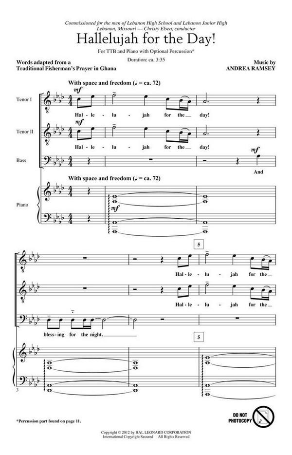 Andrea Ramsey, Hallelujah For The Day!&nbsp;&nbsp;TTB and Piano&nbsp;&nbsp;Chorpartitur