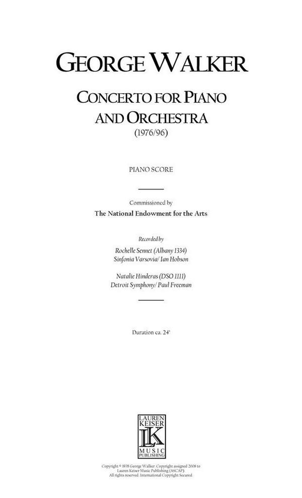 George Walker, Concerto for Piano and Orchestra&nbsp;&nbsp;Piano and Orchestra&nbsp;&nbsp;Buch