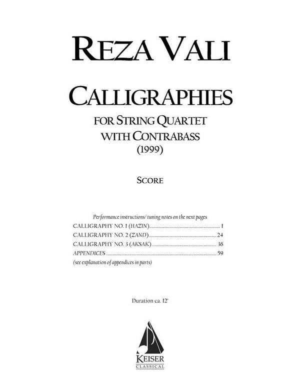 Reza Vali, Calligraphies&nbsp;&nbsp;Piano Quintet&nbsp;&nbsp;Partitur + Stimmen