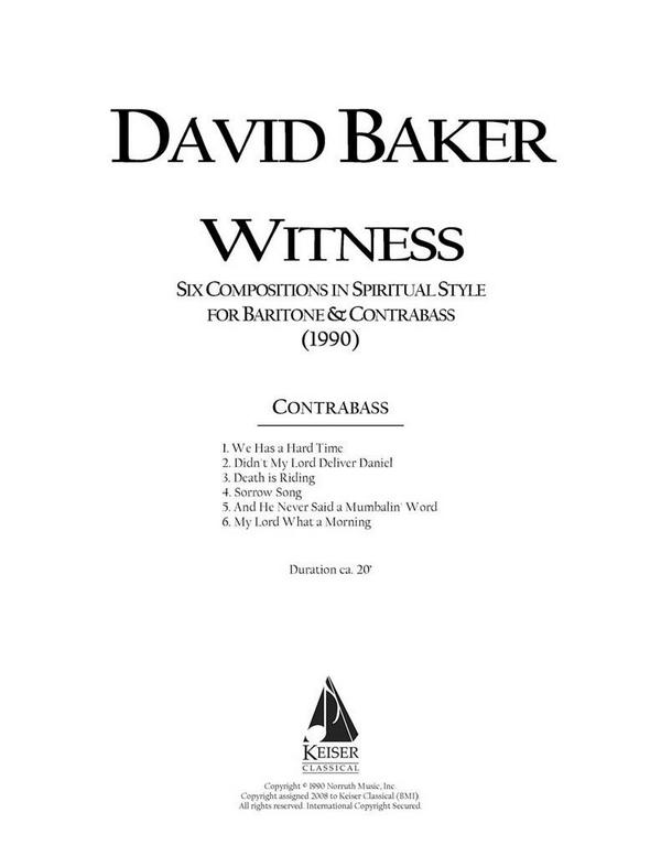 David Baker, Six Original Compositions in Spiritual Style&nbsp;&nbsp;Baritone and Double Bass&nbsp;&nbsp;Buch