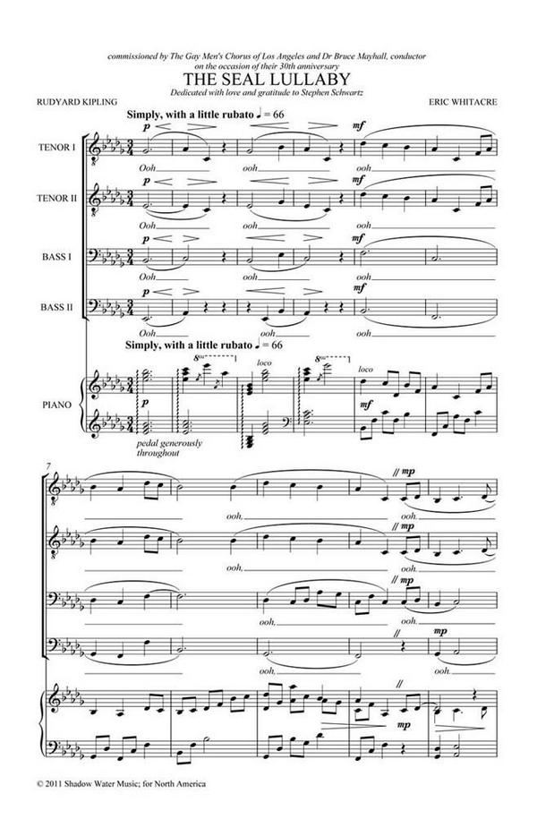 The Seal Lullaby  for male chorus (TTBB) and piano  score