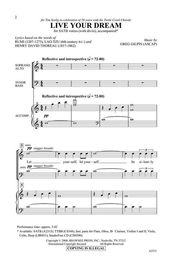 Greg Gilpin, Live Your Dream&nbsp;&nbsp;SATB&nbsp;&nbsp;Chorpartitur