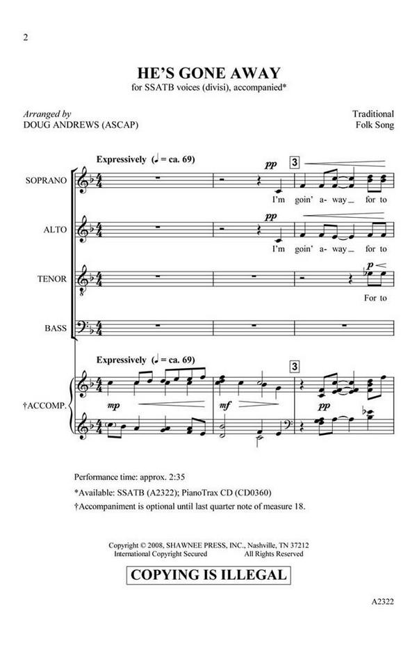 He's Gone Away&nbsp;&nbsp;SSATB&nbsp;&nbsp;Chorpartitur