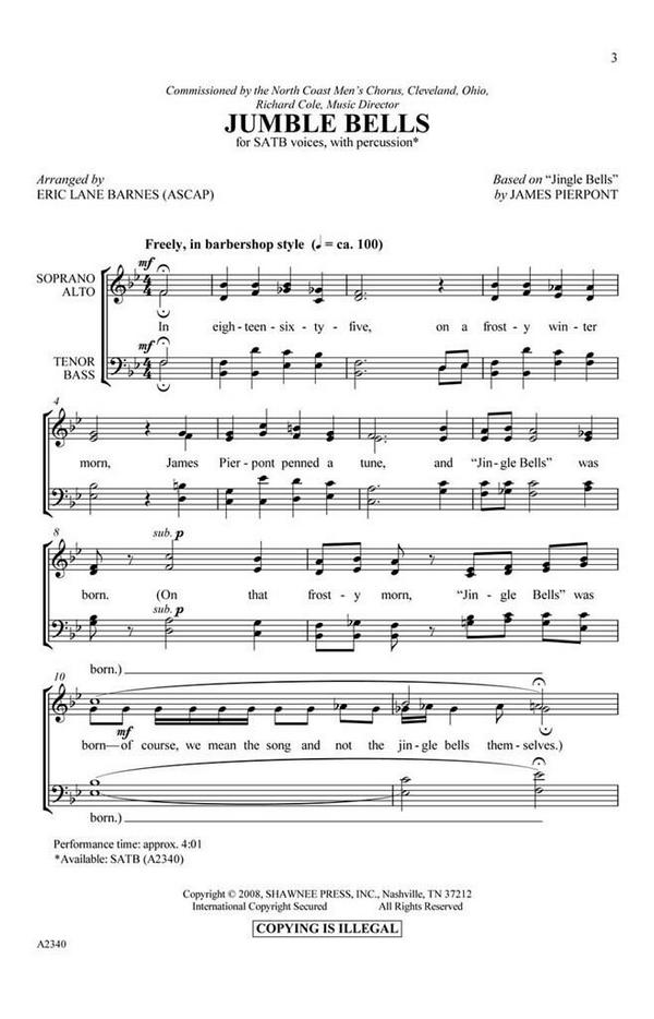 James Pierpont, Jumble Bells&nbsp;&nbsp;SATB and Percussion&nbsp;&nbsp;Chorpartitur