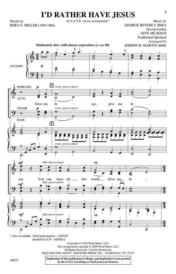 George Beverly Shea_Rhea F. Miller, I'd Rather Have Jesus&nbsp;&nbsp;SATB&nbsp;&nbsp;Chorpartitur