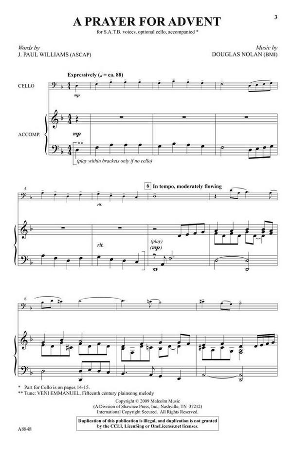 Douglas Nolan, A Prayer for Advent&nbsp;&nbsp;SATB and Violoncello&nbsp;&nbsp;Chorpartitur