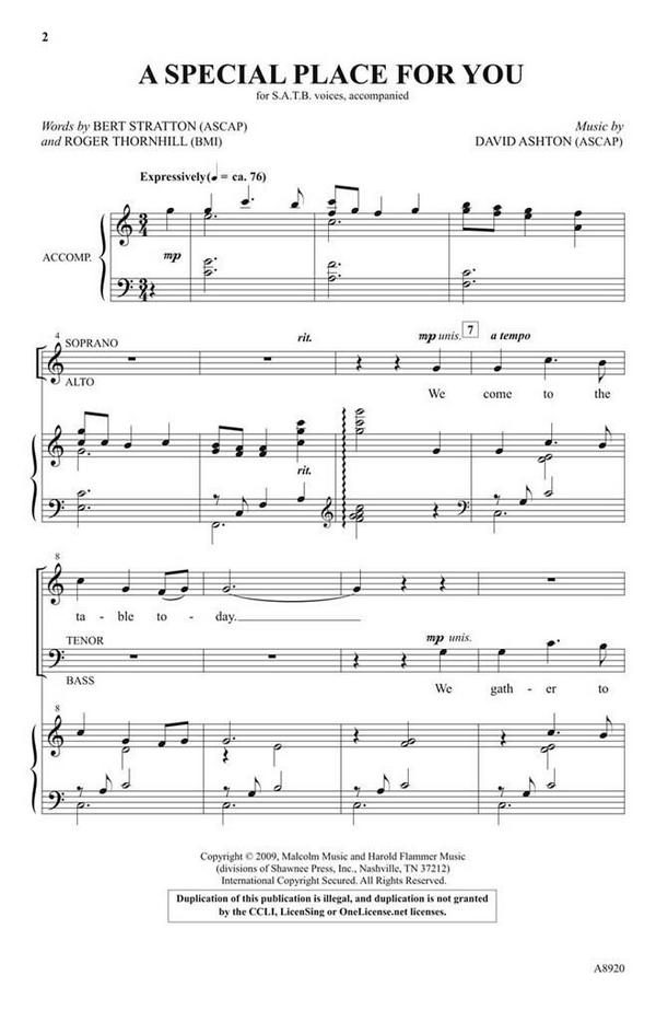 David Ashton, A Special Place for You&nbsp;&nbsp;SATB&nbsp;&nbsp;Chorpartitur