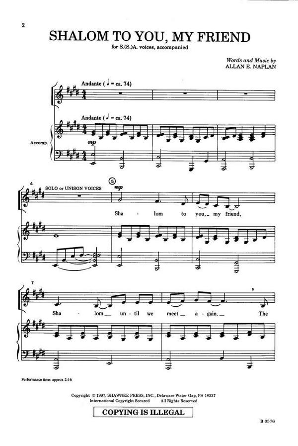 Allan Naplan, Shalom to You, My Friend&nbsp;&nbsp;SSA&nbsp;&nbsp;Chorpartitur